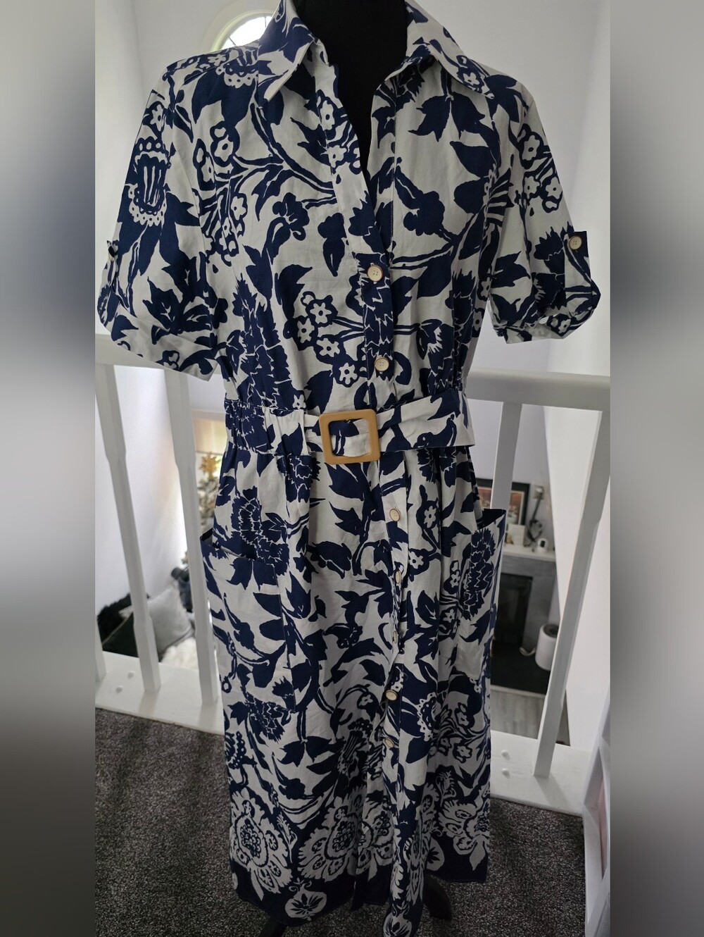 Navy and White Floral Button-Front Shirt Dress with Belt